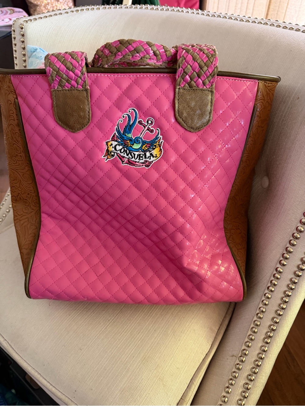 Consuela Pink Quilted Tote with Brown Trim and Braided Handles